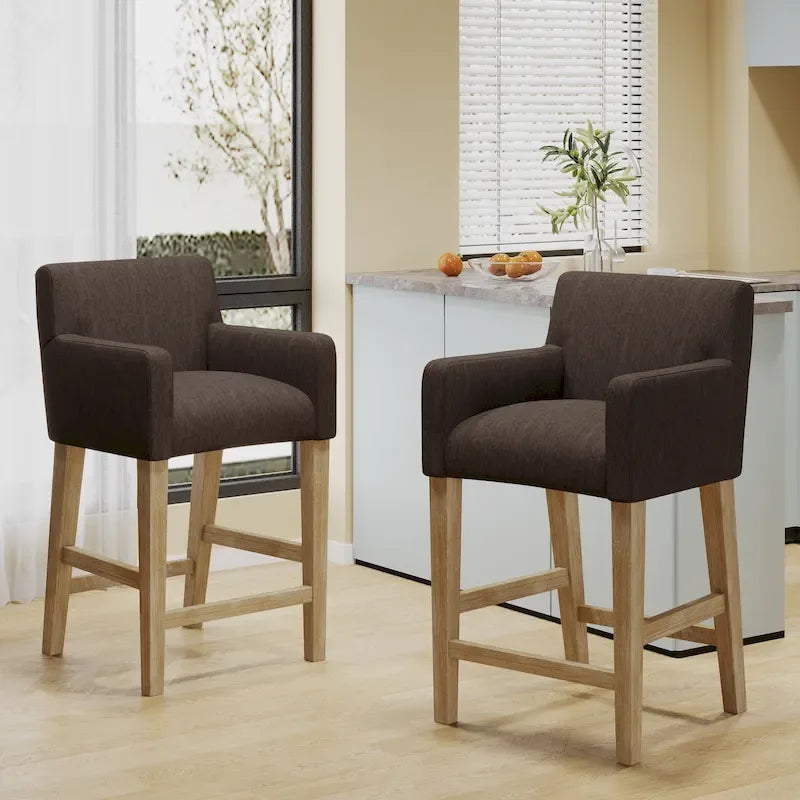 Tabouret de comptoir avec accoudoirs, revêtu de tissu et doté d'une structure en bois d'hévéa, marron