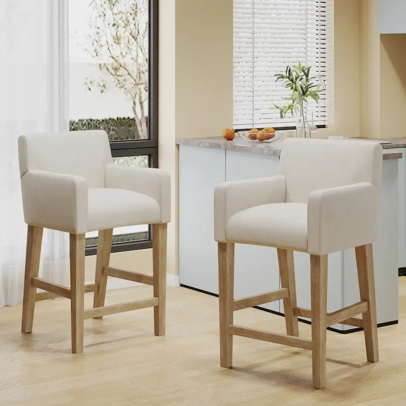 Tabouret de comptoir avec accoudoirs, revêtu de tissu et doté d'une structure en bois d'hévéa, marron