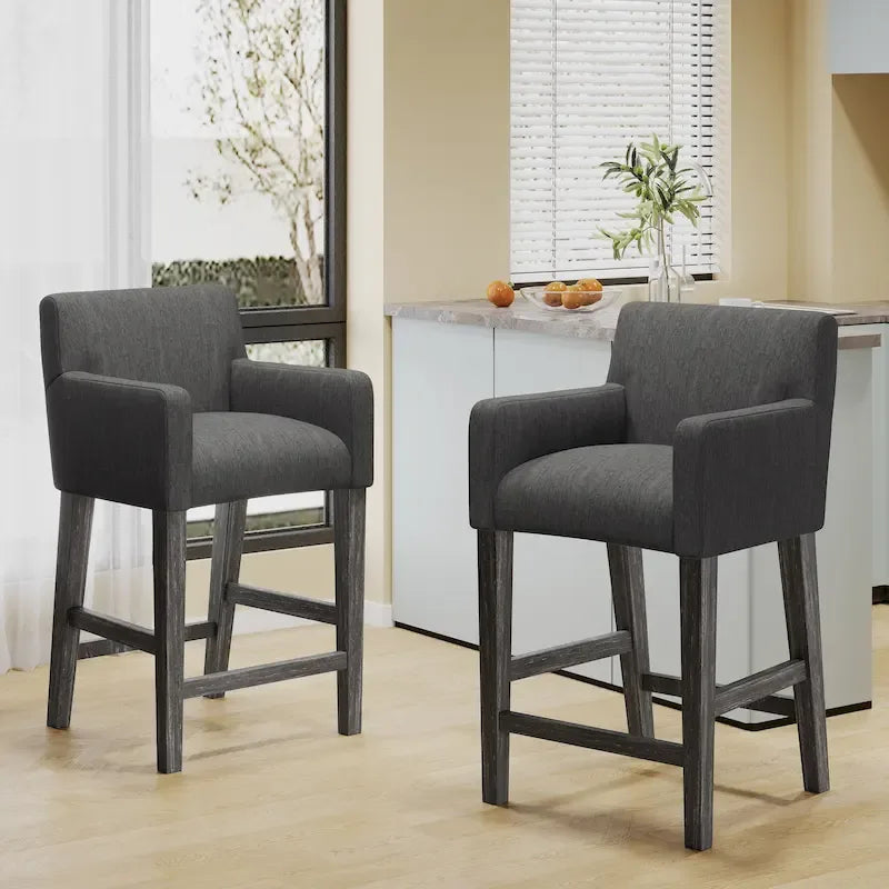 Tabouret de comptoir avec accoudoirs, revêtu de tissu et doté d'une structure en bois d'hévéa, marron