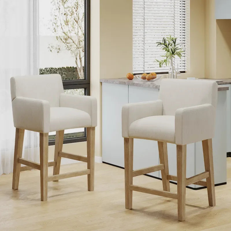 Tabouret de comptoir avec accoudoirs, revêtu de tissu et doté d'une structure en bois d'hévéa, marron