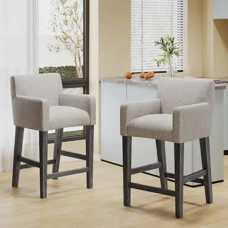 Tabouret de comptoir avec accoudoirs, revêtu de tissu et doté d'une structure en bois d'hévéa, marron