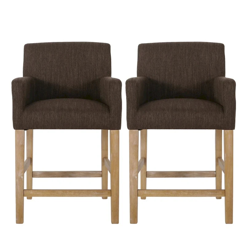 Tabouret de comptoir avec accoudoirs, revêtu de tissu et doté d'une structure en bois d'hévéa, marron