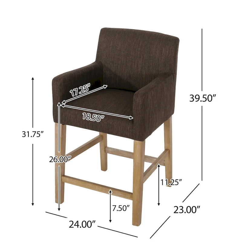 Tabouret de comptoir avec accoudoirs, revêtu de tissu et doté d'une structure en bois d'hévéa, marron