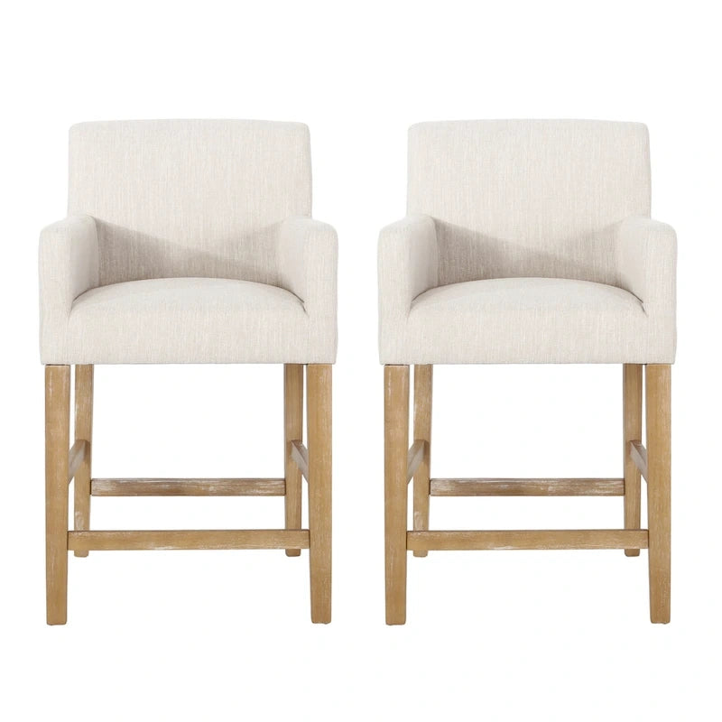 Tabouret de comptoir avec accoudoirs, revêtu de tissu et doté d'une structure en bois d'hévéa, marron
