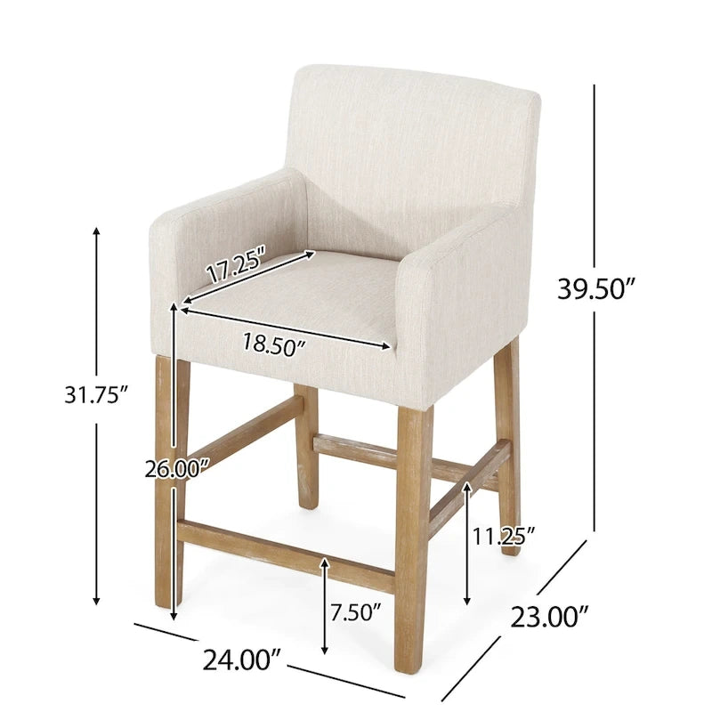 Tabouret de comptoir avec accoudoirs, revêtu de tissu et doté d'une structure en bois d'hévéa, marron