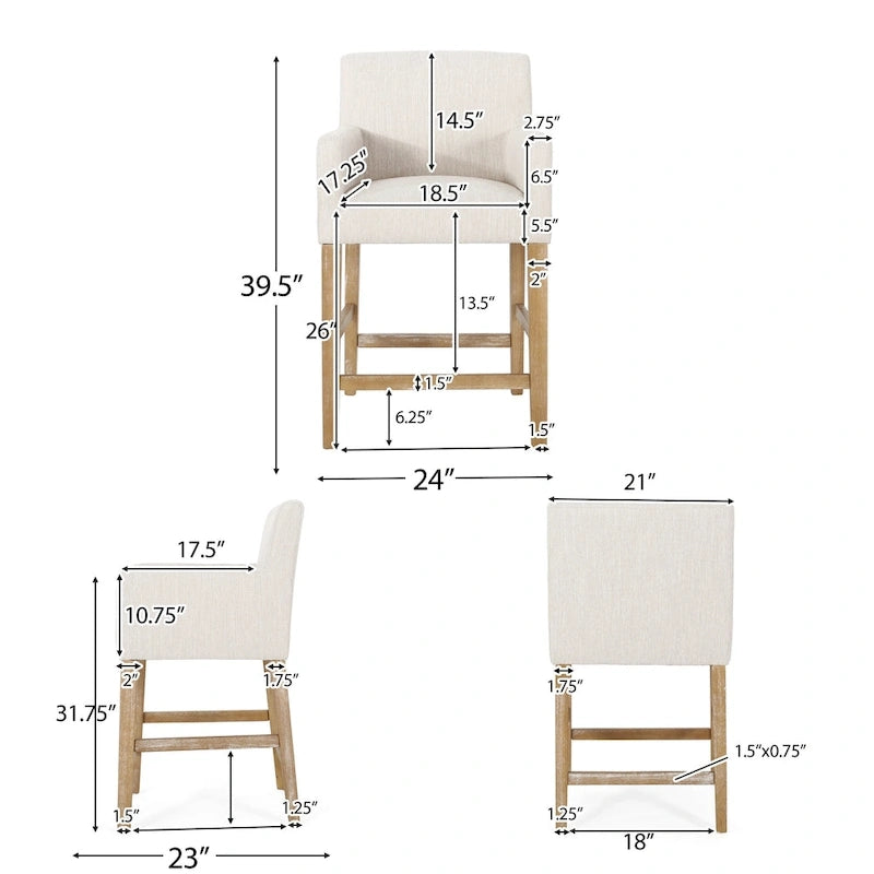 Tabouret de comptoir avec accoudoirs, revêtu de tissu et doté d'une structure en bois d'hévéa, marron