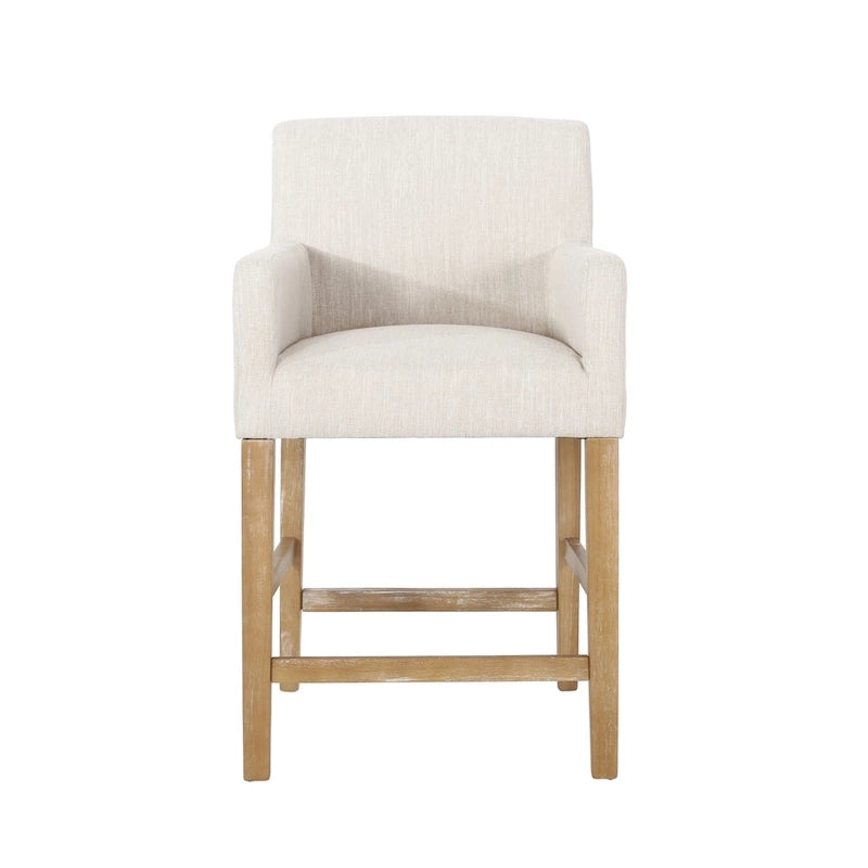 Tabouret de comptoir avec accoudoirs, revêtu de tissu et doté d'une structure en bois d'hévéa, marron
