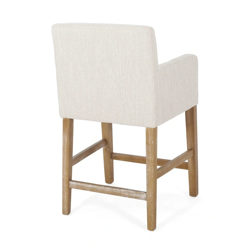Tabouret de comptoir avec accoudoirs, revêtu de tissu et doté d'une structure en bois d'hévéa, marron