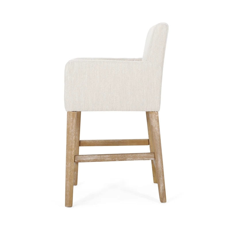 Tabouret de comptoir avec accoudoirs, revêtu de tissu et doté d'une structure en bois d'hévéa, marron