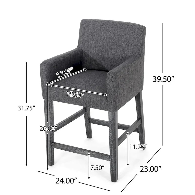 Tabouret de comptoir avec accoudoirs, revêtu de tissu et doté d'une structure en bois d'hévéa, marron