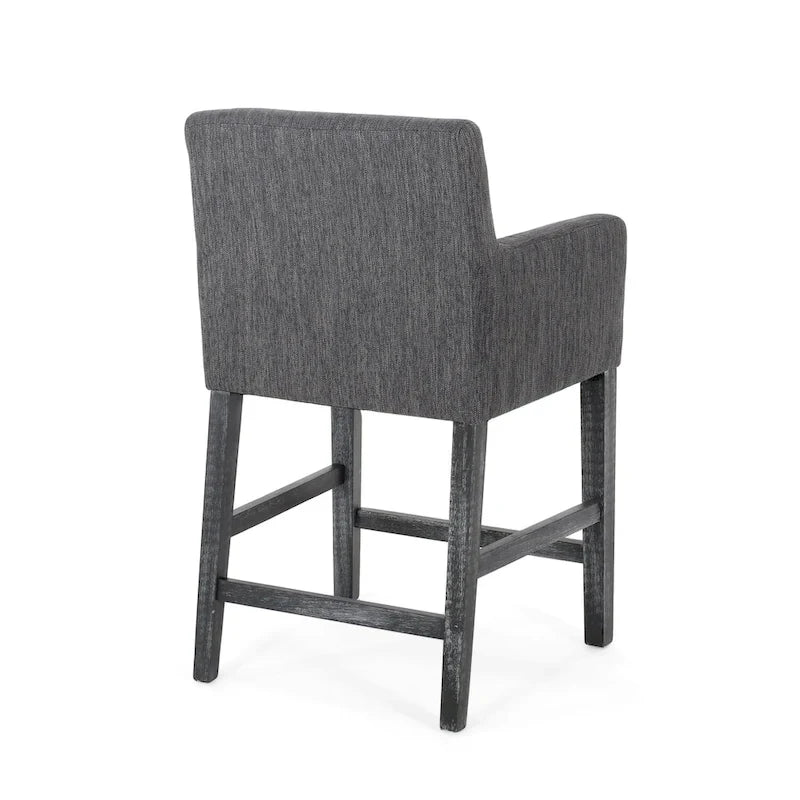 Tabouret de comptoir avec accoudoirs, revêtu de tissu et doté d'une structure en bois d'hévéa, marron