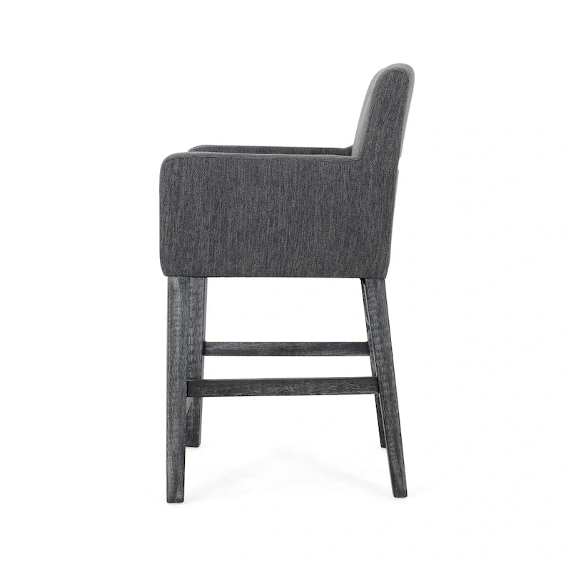 Tabouret de comptoir avec accoudoirs, revêtu de tissu et doté d'une structure en bois d'hévéa, marron