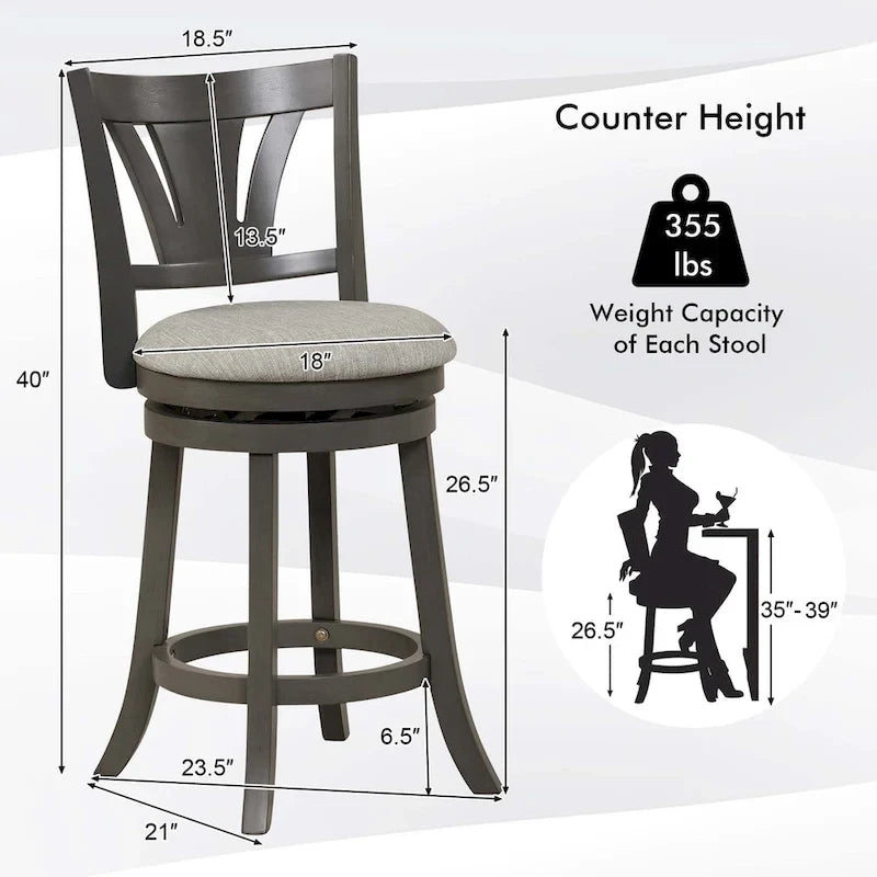 Tabouret de bar pivotant à hauteur de comptoir avec pieds en bois d'hévéa et siège rembourré gris
