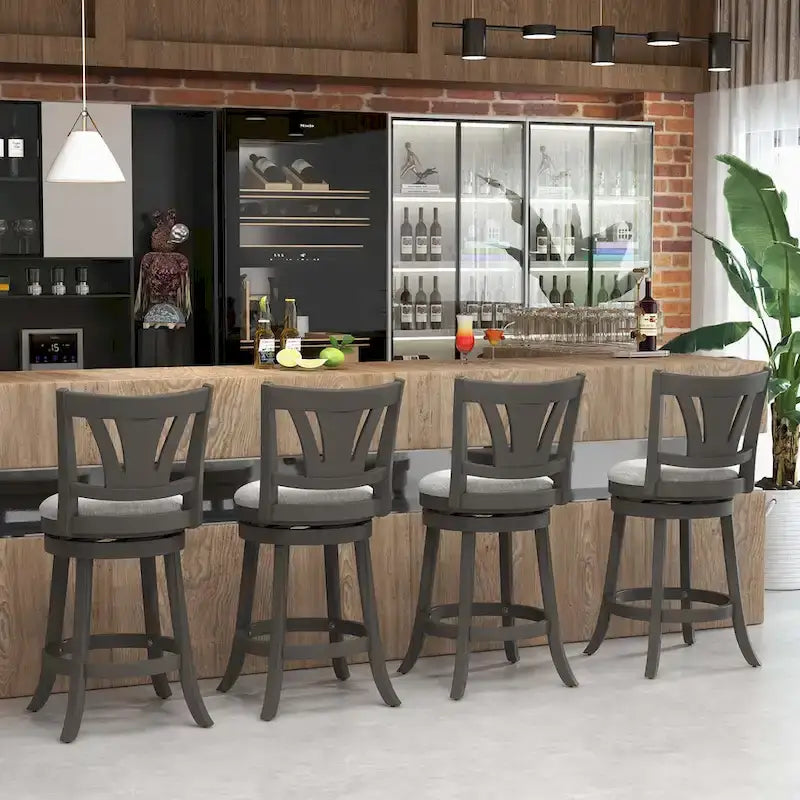Tabouret de bar pivotant à hauteur de comptoir avec pieds en bois d'hévéa et siège rembourré gris