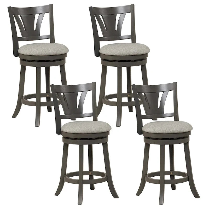 Tabouret de bar pivotant à hauteur de comptoir avec pieds en bois d'hévéa et siège rembourré gris