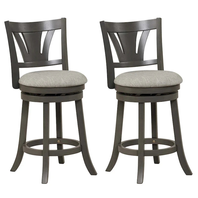 Tabouret de bar pivotant à hauteur de comptoir avec pieds en bois d'hévéa et siège rembourré gris