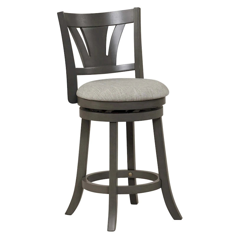 Tabouret de bar pivotant à hauteur de comptoir avec pieds en bois d'hévéa et siège rembourré gris