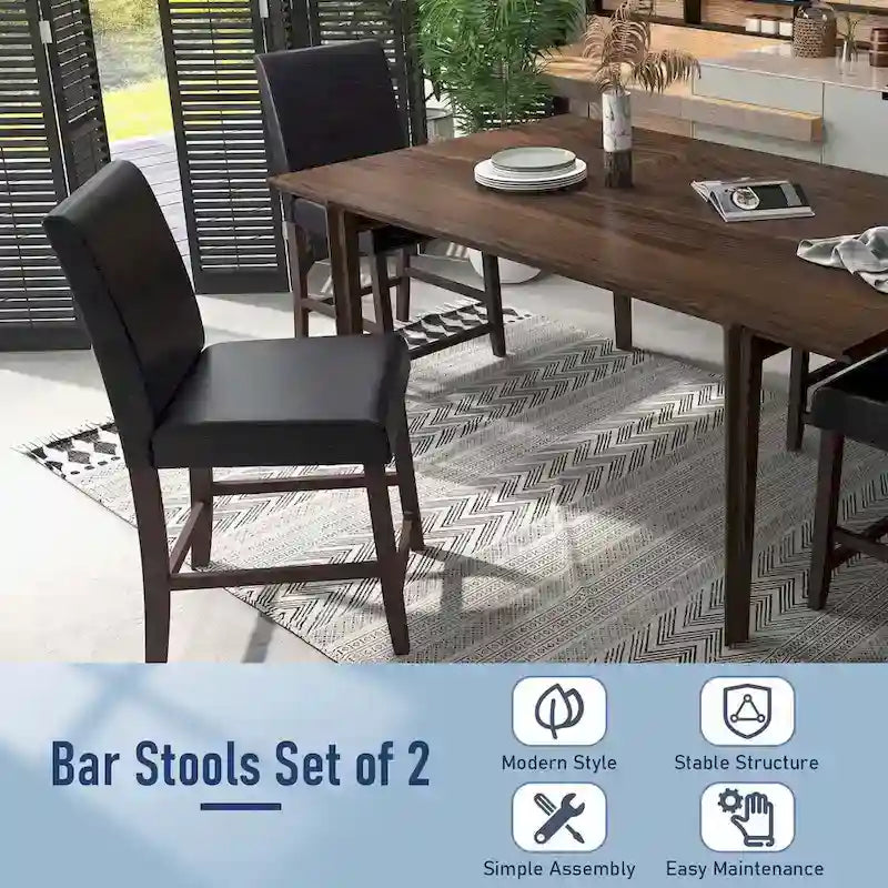 Tabouret de bar en bois avec revêtement en similicuir PU noir, dossier et repose-pieds