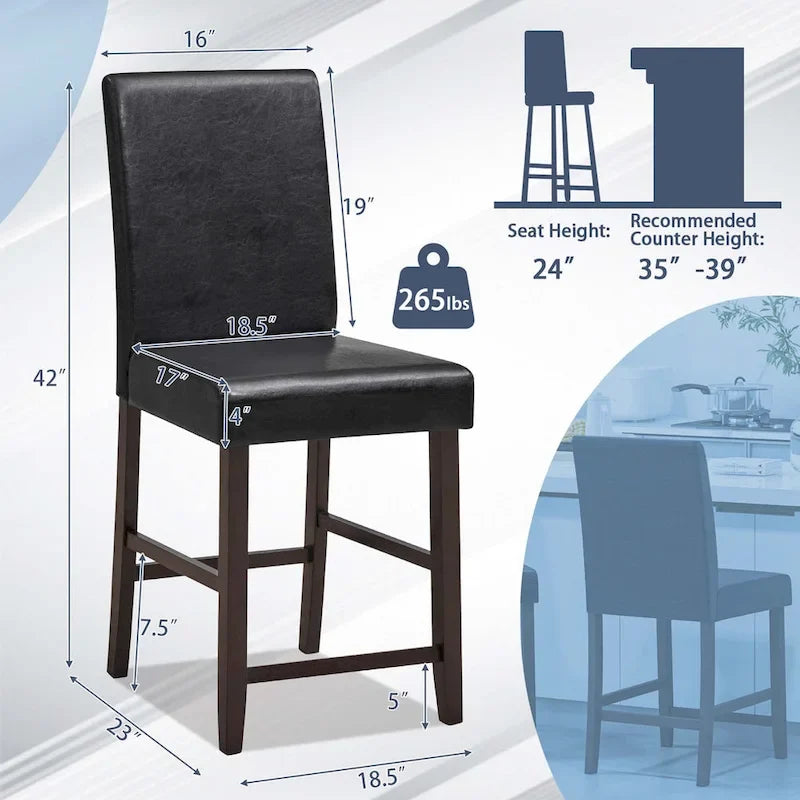 Tabouret de bar en bois avec revêtement en similicuir PU noir, dossier et repose-pieds