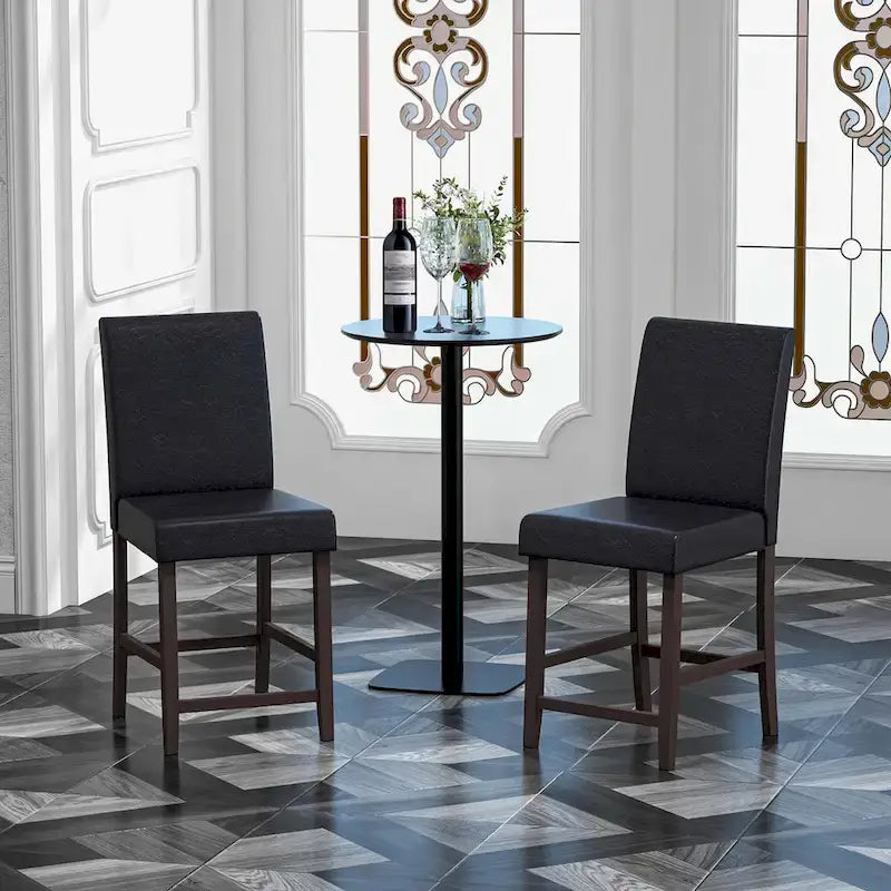 Tabouret de bar en bois avec revêtement en similicuir PU noir, dossier et repose-pieds