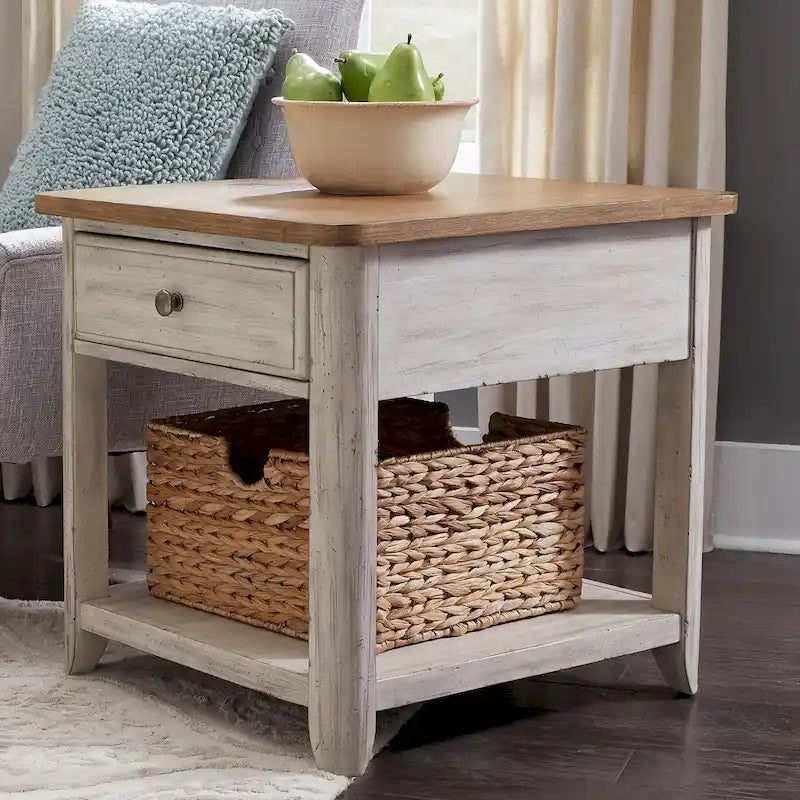 Table d'appoint en bois blanc antique avec tiroir et étagère de rangement en osier
