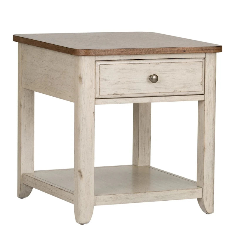 Table d'appoint en bois blanc antique avec tiroir et étagère de rangement en osier