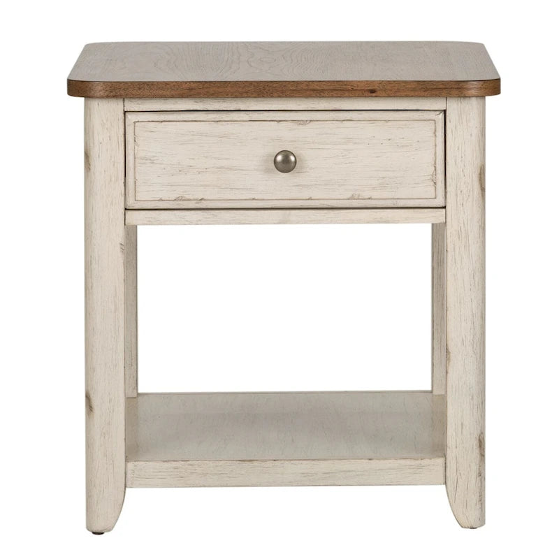 Table d'appoint en bois blanc antique avec tiroir et étagère de rangement en osier