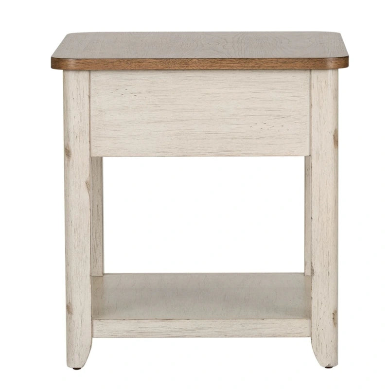 Table d'appoint en bois blanc antique avec tiroir et étagère de rangement en osier