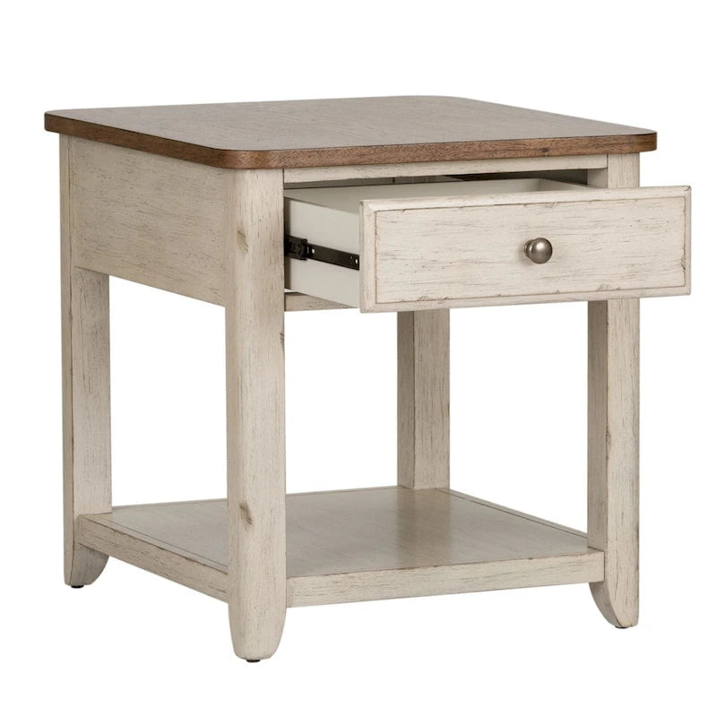 Table d'appoint en bois blanc antique avec tiroir et étagère de rangement en osier