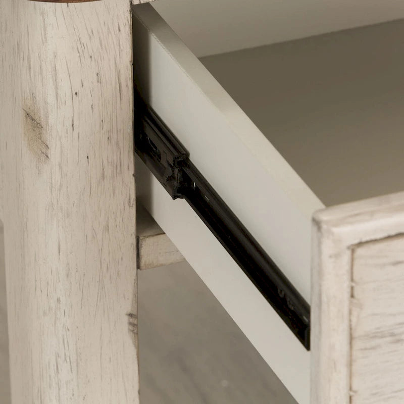Table d'appoint en bois blanc antique avec tiroir et étagère de rangement en osier