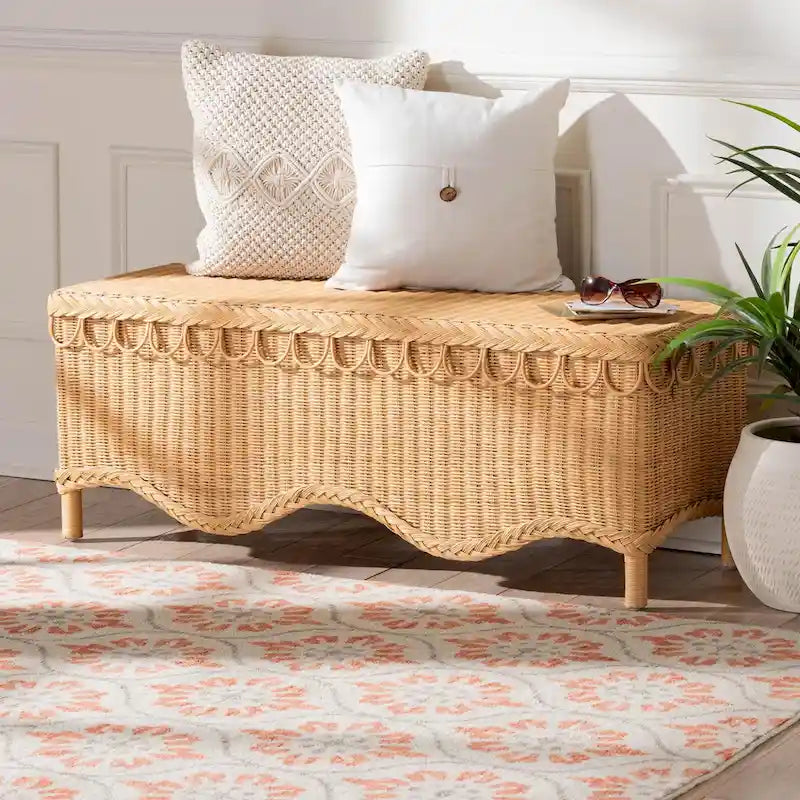 Banc d'appoint en rotin miel de Bohème tressé bord festonné Naturel clair
