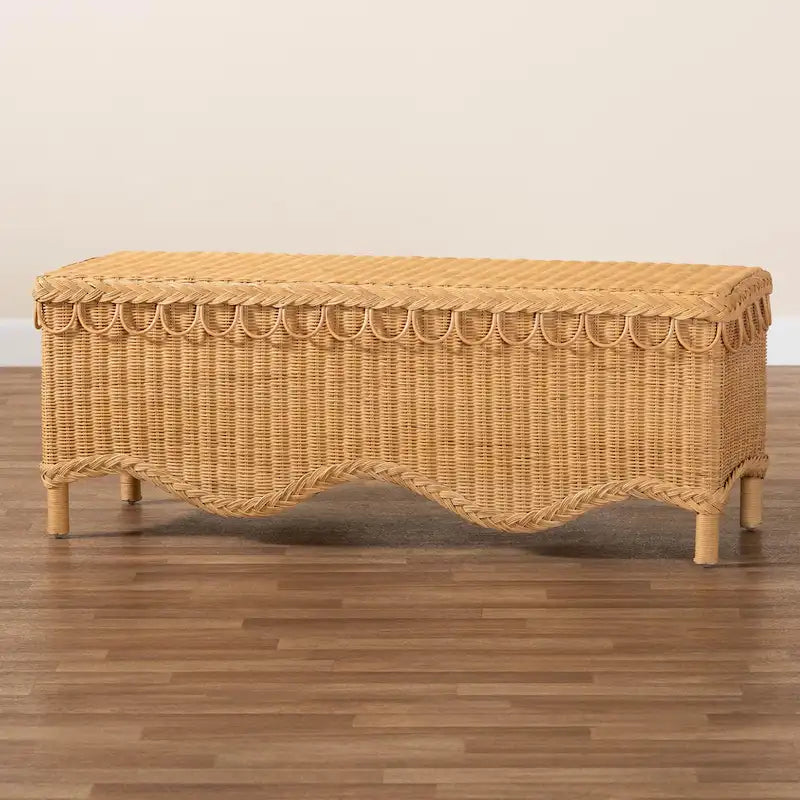 Banc d'appoint en rotin miel de Bohème tressé bord festonné Naturel clair