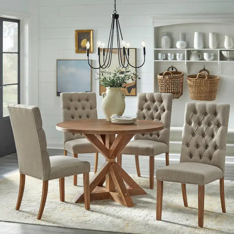 Chaise de salle à manger Parsons capitonnée beige avec pieds en bois massif style fermier