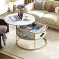 Table basse ronde relevable avec rangement en marbre blanc et cadre en métal doré