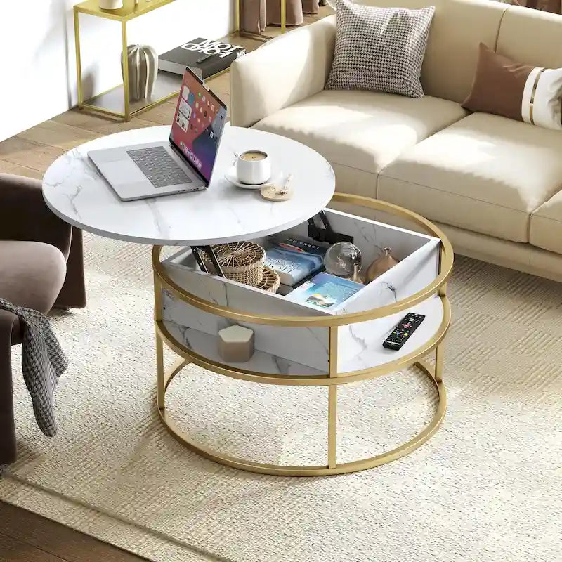 Table basse ronde relevable avec rangement en marbre blanc et cadre en métal doré