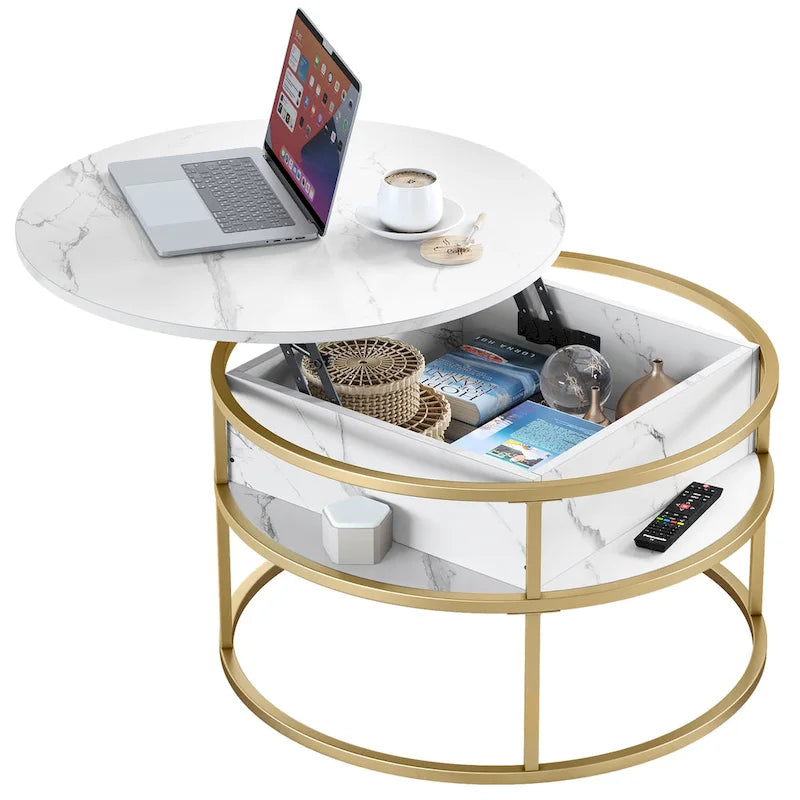 Table basse ronde relevable avec rangement en marbre blanc et cadre en métal doré