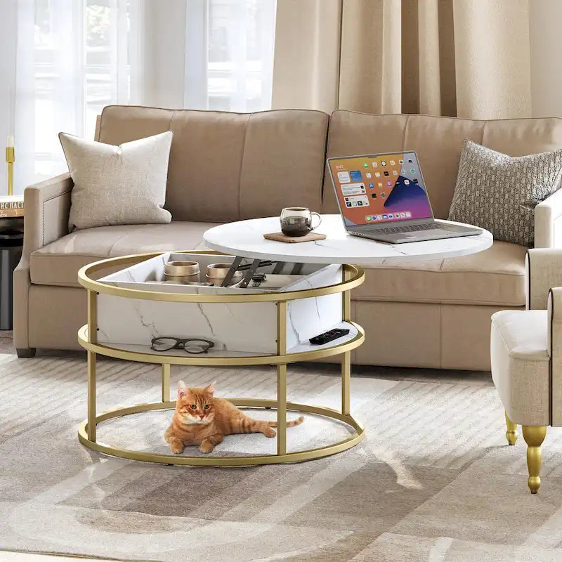 Table basse ronde relevable avec rangement en marbre blanc et cadre en métal doré