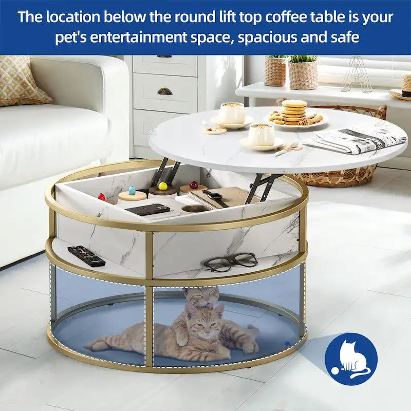 Table basse ronde relevable avec rangement en marbre blanc et cadre en métal doré