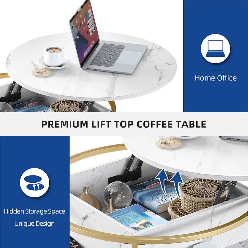 Table basse ronde relevable avec rangement en marbre blanc et cadre en métal doré