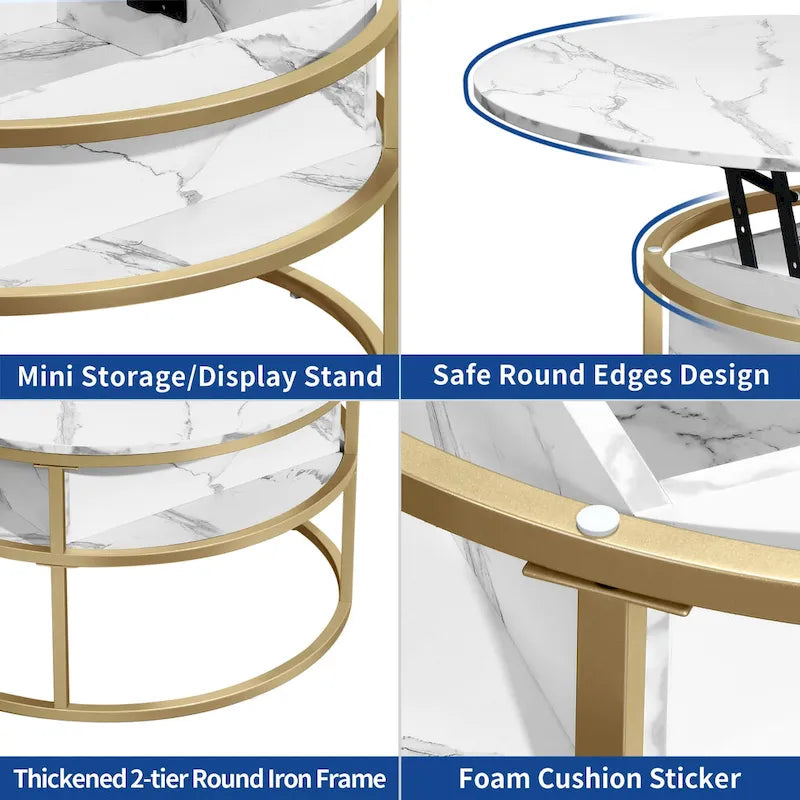 Table basse ronde relevable avec rangement en marbre blanc et cadre en métal doré