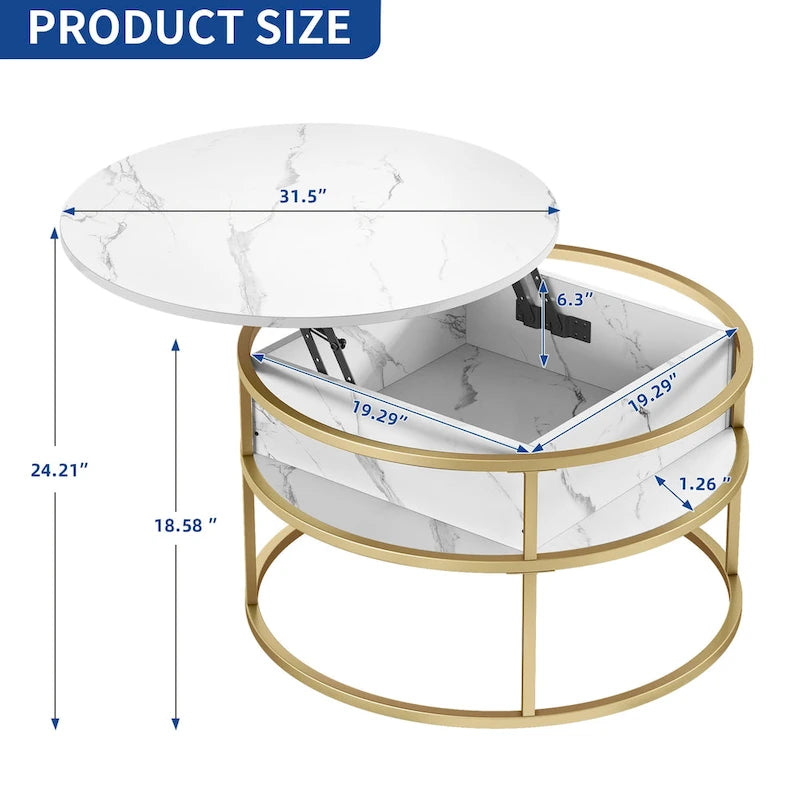 Table basse ronde relevable avec rangement en marbre blanc et cadre en métal doré