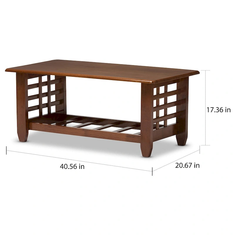 Table basse en bois massif merisier de style Mission avec étagère à lattes