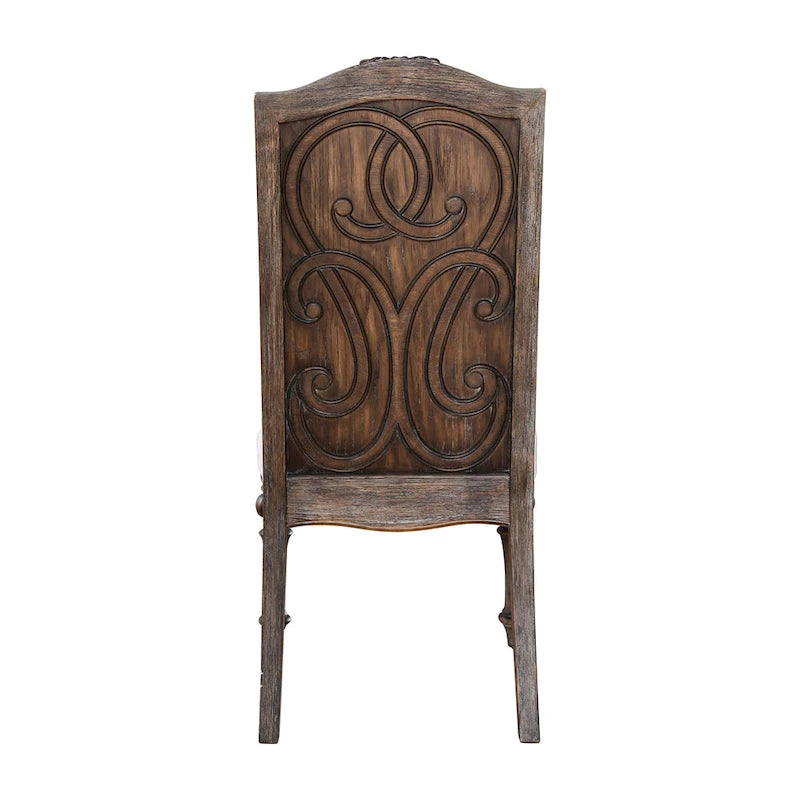 Chaise de salle à manger formelle à dossier haut en bois sculpté, tapissée ivoire, rustique naturelle
