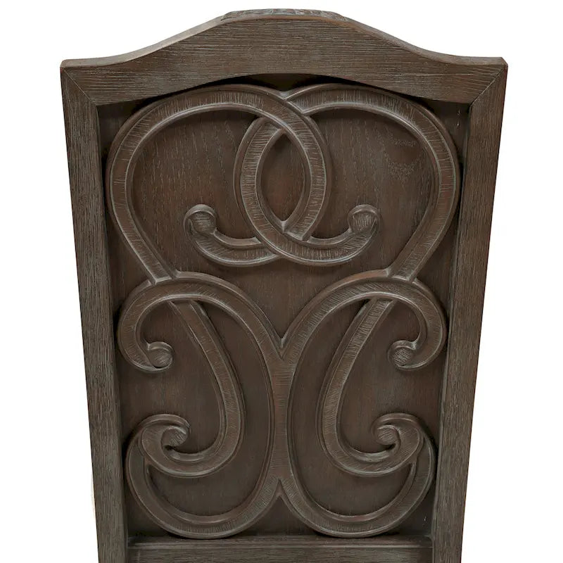 Chaise de salle à manger formelle à dossier haut en bois sculpté, tapissée ivoire, rustique naturelle