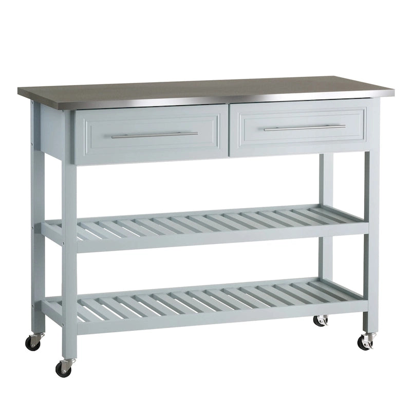 Chariot de cuisine roulant en acier inoxydable avec tiroirs et étagères, gris rustique, style ferme