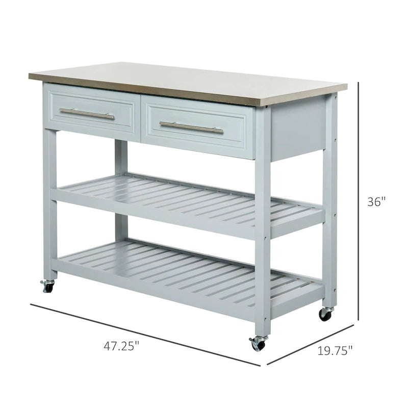 Chariot de cuisine roulant en acier inoxydable avec tiroirs et étagères, gris rustique, style ferme