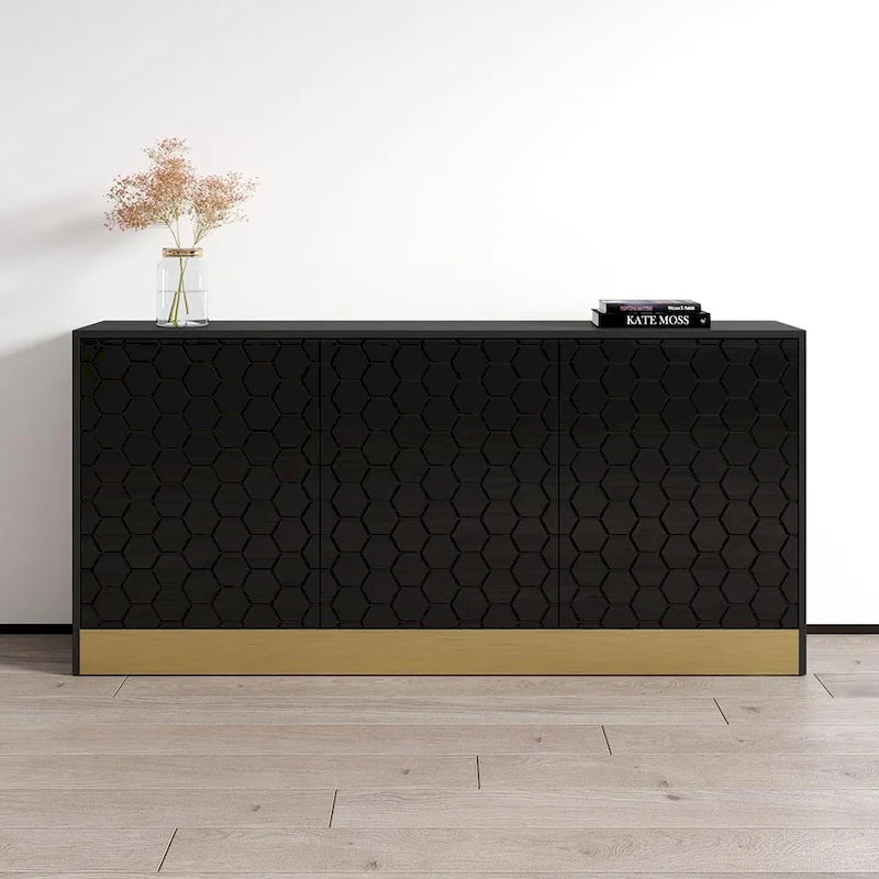 Buffet en Métal Noir Texturé Nid d'Abeille Moderne avec Base Dorée