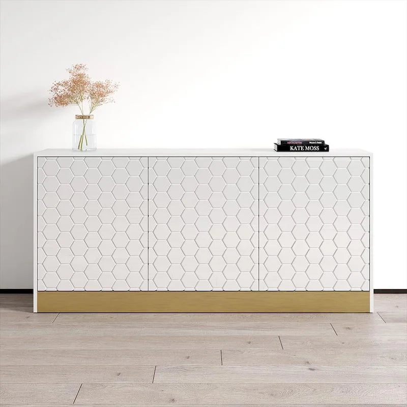 Buffet en Métal Noir Texturé Nid d'Abeille Moderne avec Base Dorée