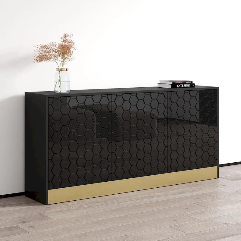 Buffet en Métal Noir Texturé Nid d'Abeille Moderne avec Base Dorée