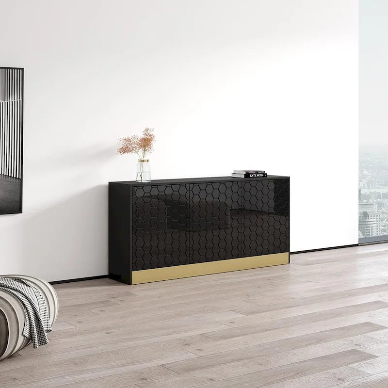 Buffet en Métal Noir Texturé Nid d'Abeille Moderne avec Base Dorée